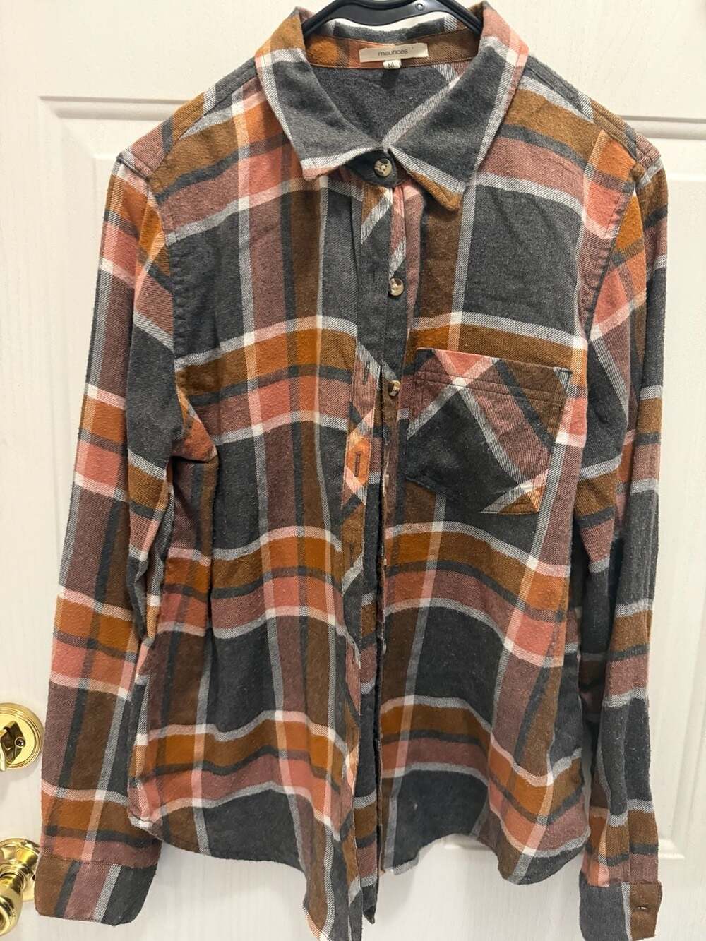 Plaid Flannel Button Down Shirt Orange Grey Pink